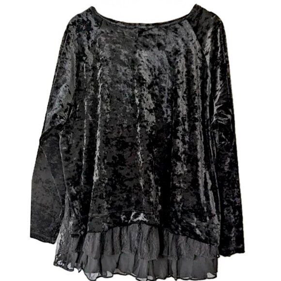 Karen Kane 2X BLACK Crushed Velvet Top with Lace Chiffon Hem - Picture 2 of 8